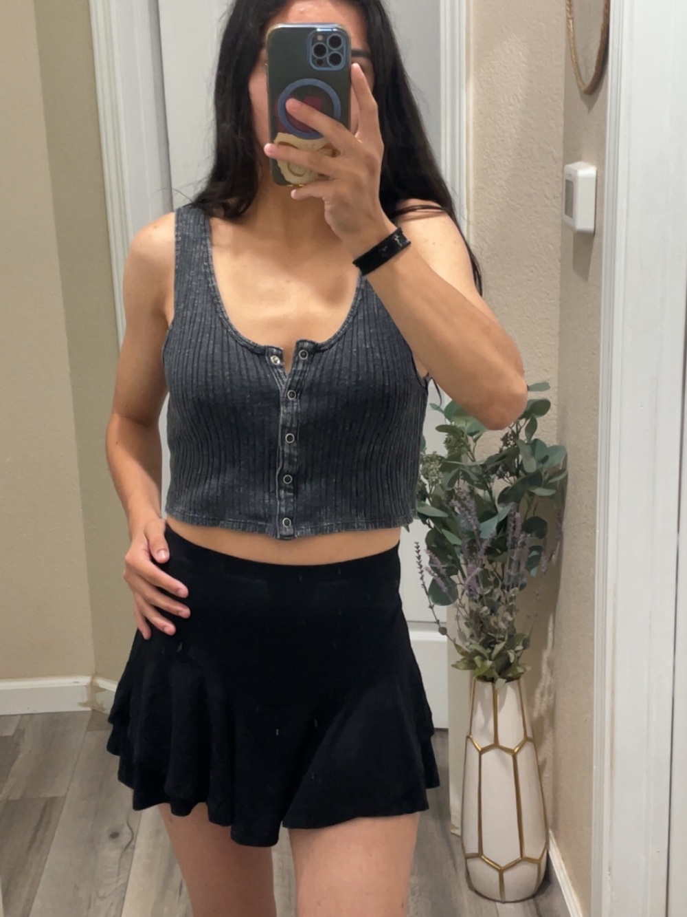 wild fable Charcoal Ribbed Button-Front Cropped Tank